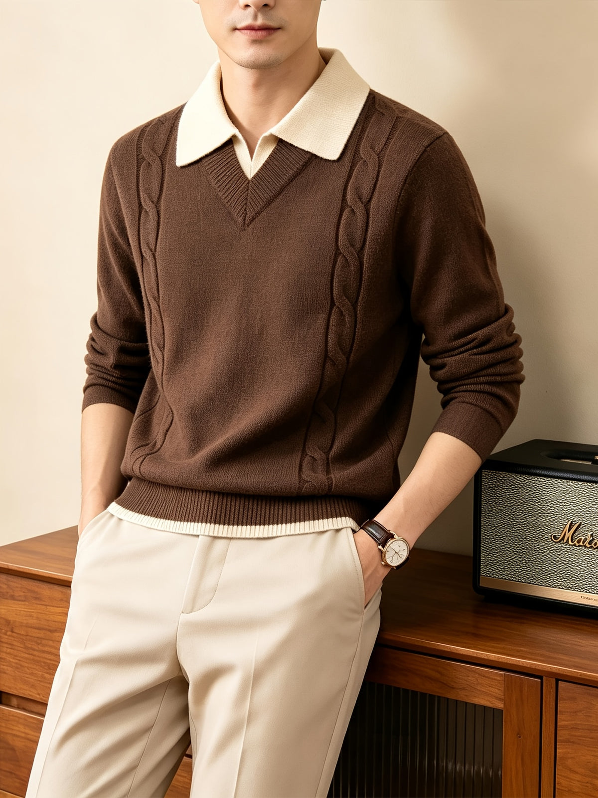 Men'S Faux Two-Piece Polo Collar Cable Knit Sweater, Slim Fit Micro Loose Style, Non-Tight, Suitable for Commute And Casual Wear - SINBOS - Coffee Color