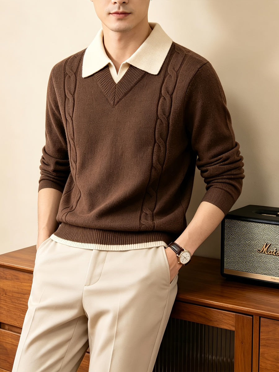Men'S Faux Two-Piece Polo Collar Cable Knit Sweater, Slim Fit Micro Loose Style, Non-Tight, Suitable for Commute And Casual Wear - SINBOS - Coffee Color