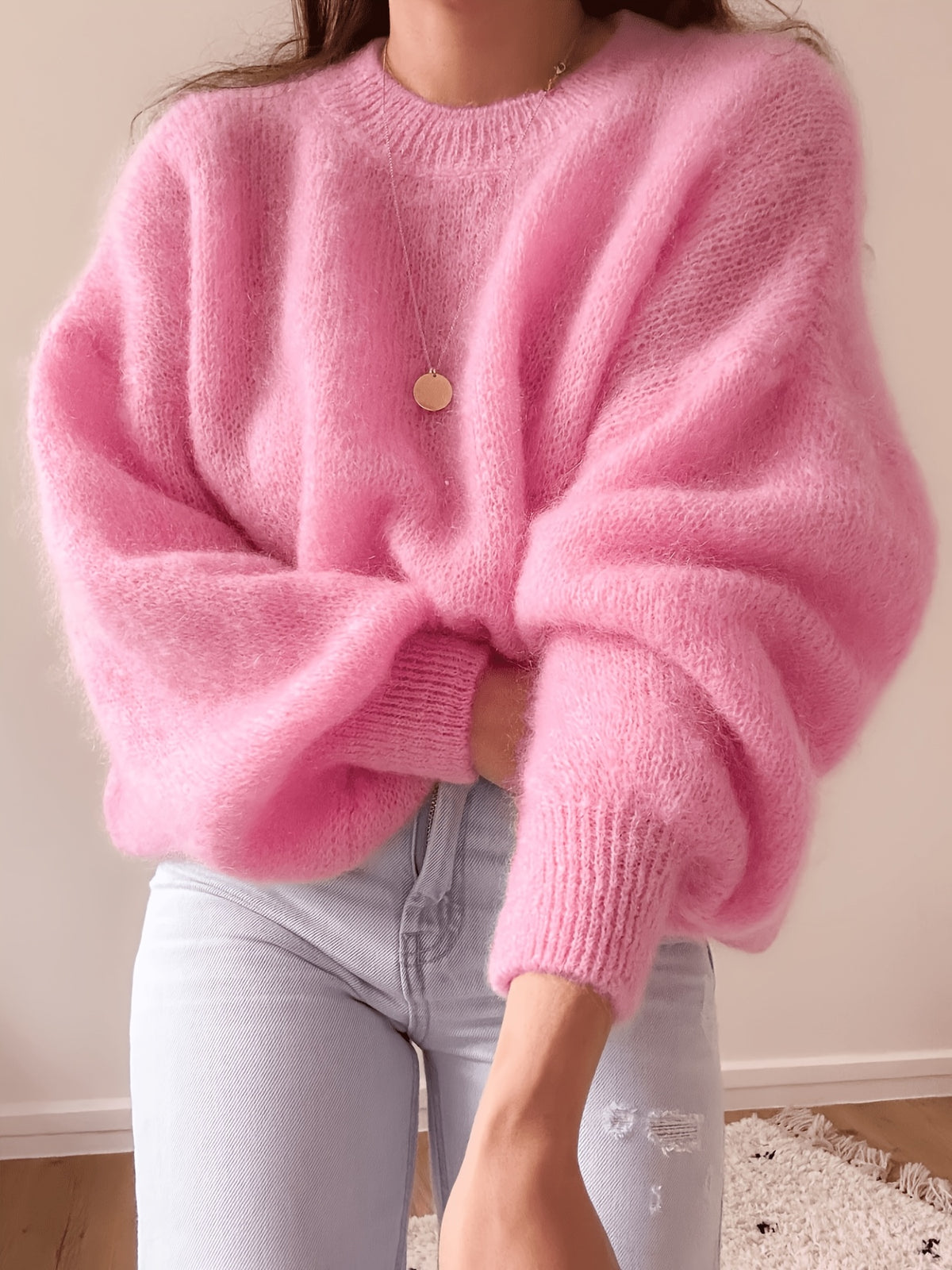 High-quality Sweater with a Soft Texture, Offering Comfortable and Loose-fitting Wear. The Elegant Design Is Suitable for Autumn and Winter Seasons, Especially for Warm Weather. Elegant Party Women's Wear, Festive Attire for Women, and Casual - Bright Pink Color