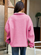 Applique Detail Drop Shoulder Half-Zip Fleece Sweatshirt, Perfect Choice for Women'S Fall Winter - Pink Color