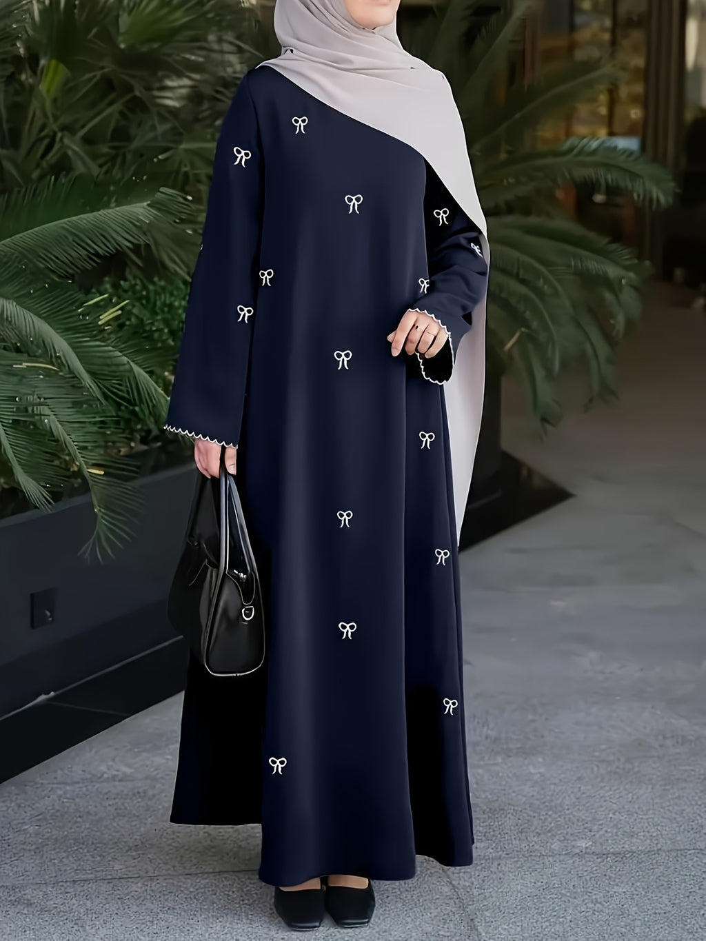 886-Middle East Dubai Bowknot Embroidery Dress - Navy Color