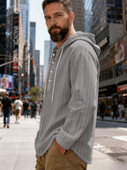 New Men'S All-Season Linen Shirt, Linen Striped Casual Long-Sleeve Hooded Top, Breathable And Comfortable, High Street Style - Grey