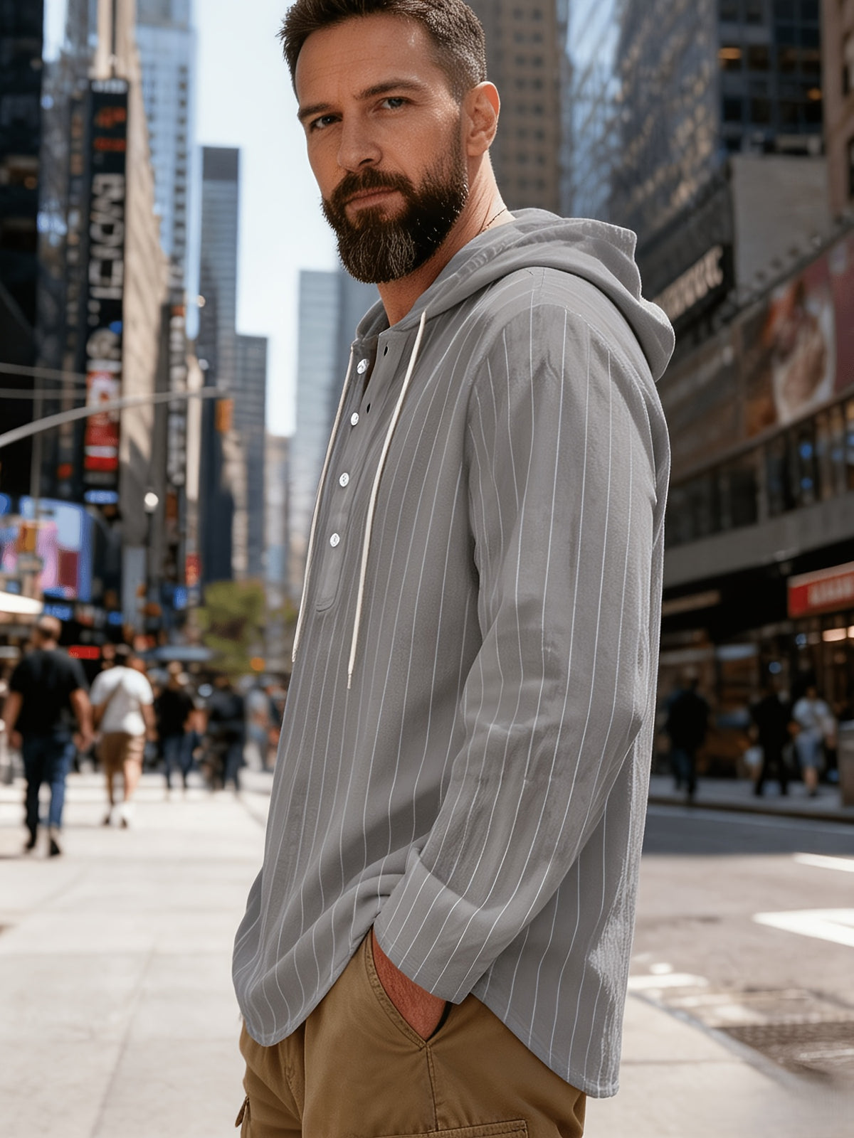 New Men'S All-Season Linen Shirt, Linen Striped Casual Long-Sleeve Hooded Top, Breathable And Comfortable, High Street Style - Grey