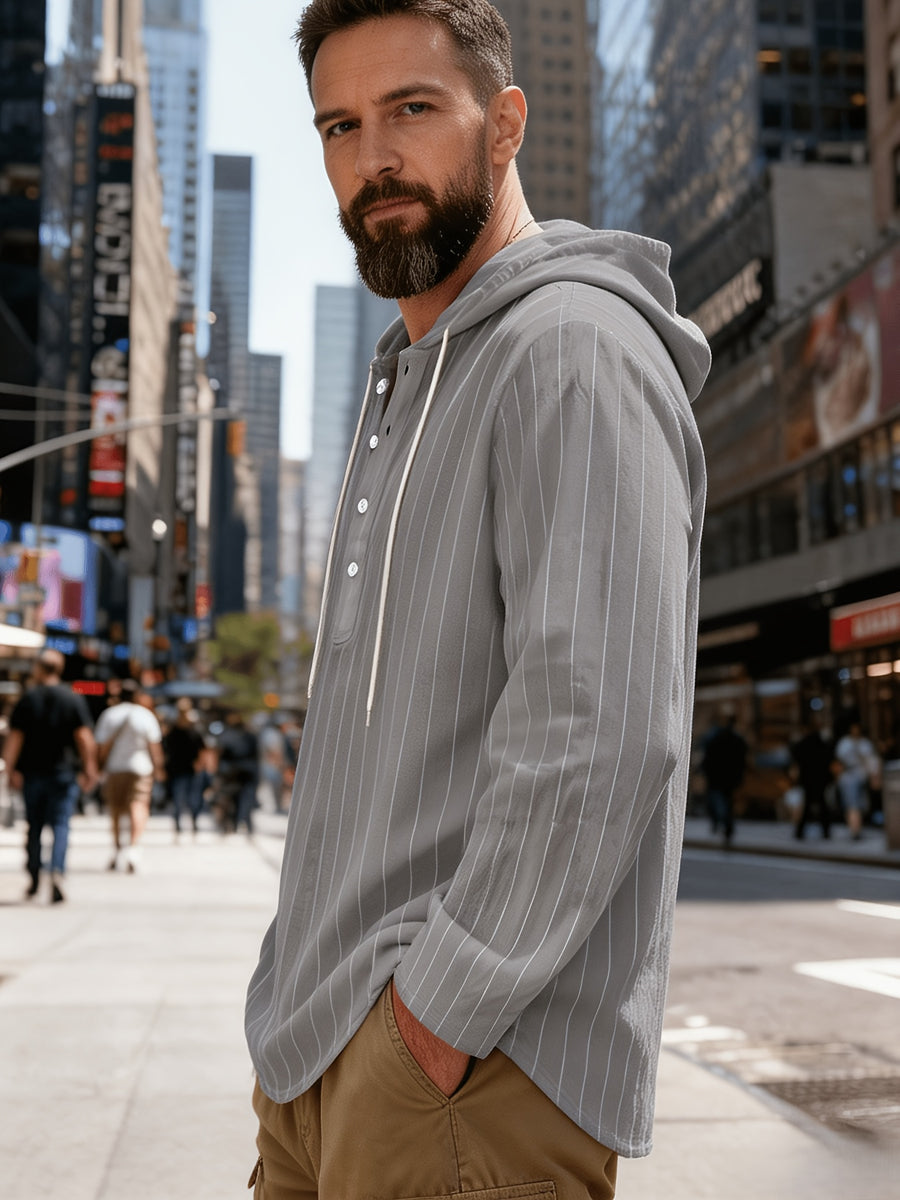 New Men'S All-Season Linen Shirt, Linen Striped Casual Long-Sleeve Hooded Top, Breathable And Comfortable, High Street Style - Grey