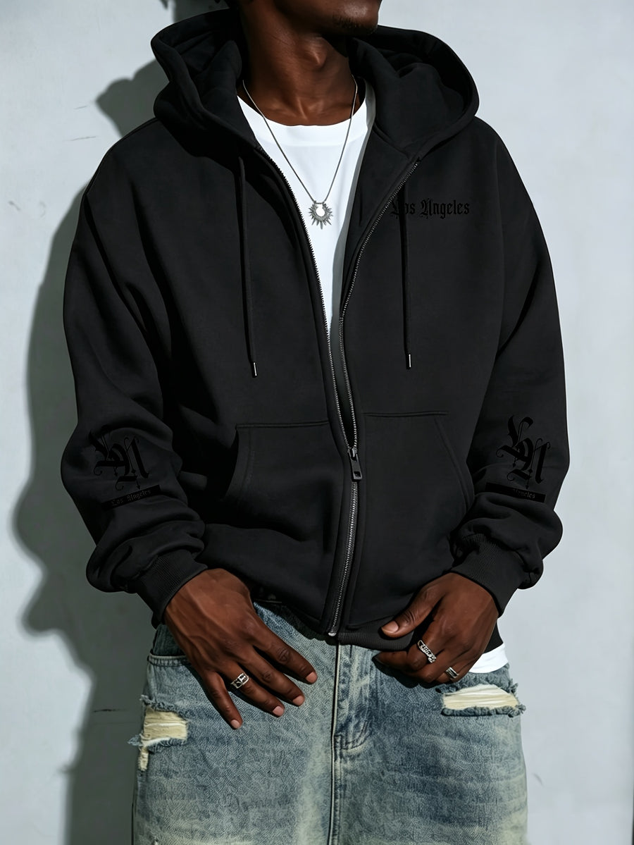 Men's New Trendy Autumn/Winter Fashion Zip-Up Hoodie, Casual Daily Drawstring Zip-Up Hooded Sweatshirt with Creative Flat Design Print, Front Kangaroo Pocket, Unisex Top - Black