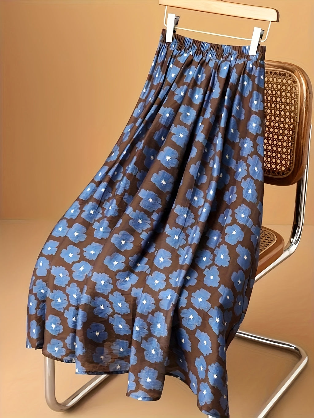 Blue Floral A-line Midi Skirt for Women with a Draped High-waist Design That Slims and Covers the Hips - Blue