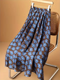 Blue Floral A-line Midi Skirt for Women with a Draped High-waist Design That Slims and Covers the Hips - Blue