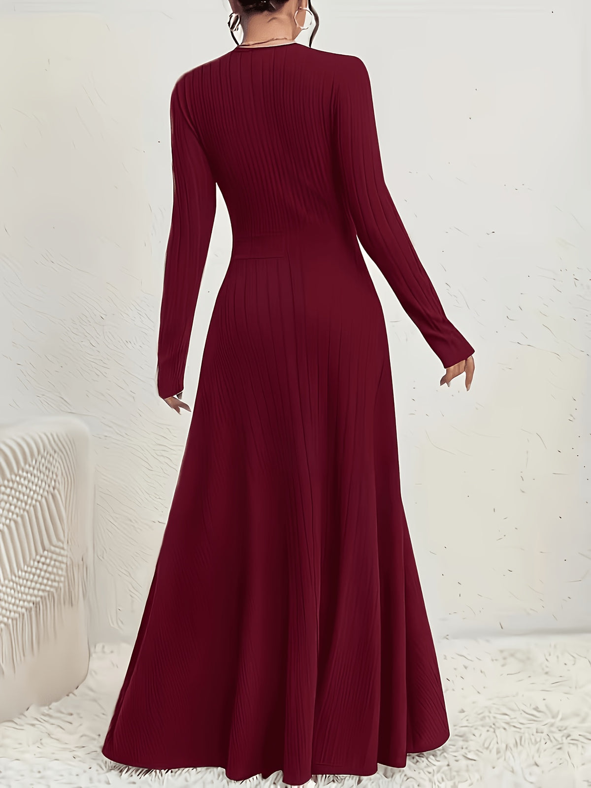 Women's A-Line Dress with Cross Neckline & Sleeves - Soft Stretch Midi Dress for All Seasons, Machine Washable Solid Color Elegant Casual to Formal Wear, Formal Attire, Construction - Burgundy