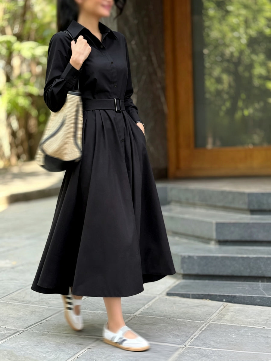 2026 Spring/Autumn Black Shirt Collar Long Sleeve Dress Women'S Cinched Waist Tie-Belt Flared Midi Skirt Commute Temperament Office Daily Versatile Blouse-Style Dress - Black