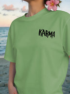 Front And Back Print T-Shirt, Cause And Effect, KARMA Pattern Women'S Round Neck Casual Short Sleeve Top, Trendy Fashion Casual Style, Women'S Double-Sided Printed Top, Round Neck Women'S Short Sleeve T-Shirt S-XXL - Pea Green Color