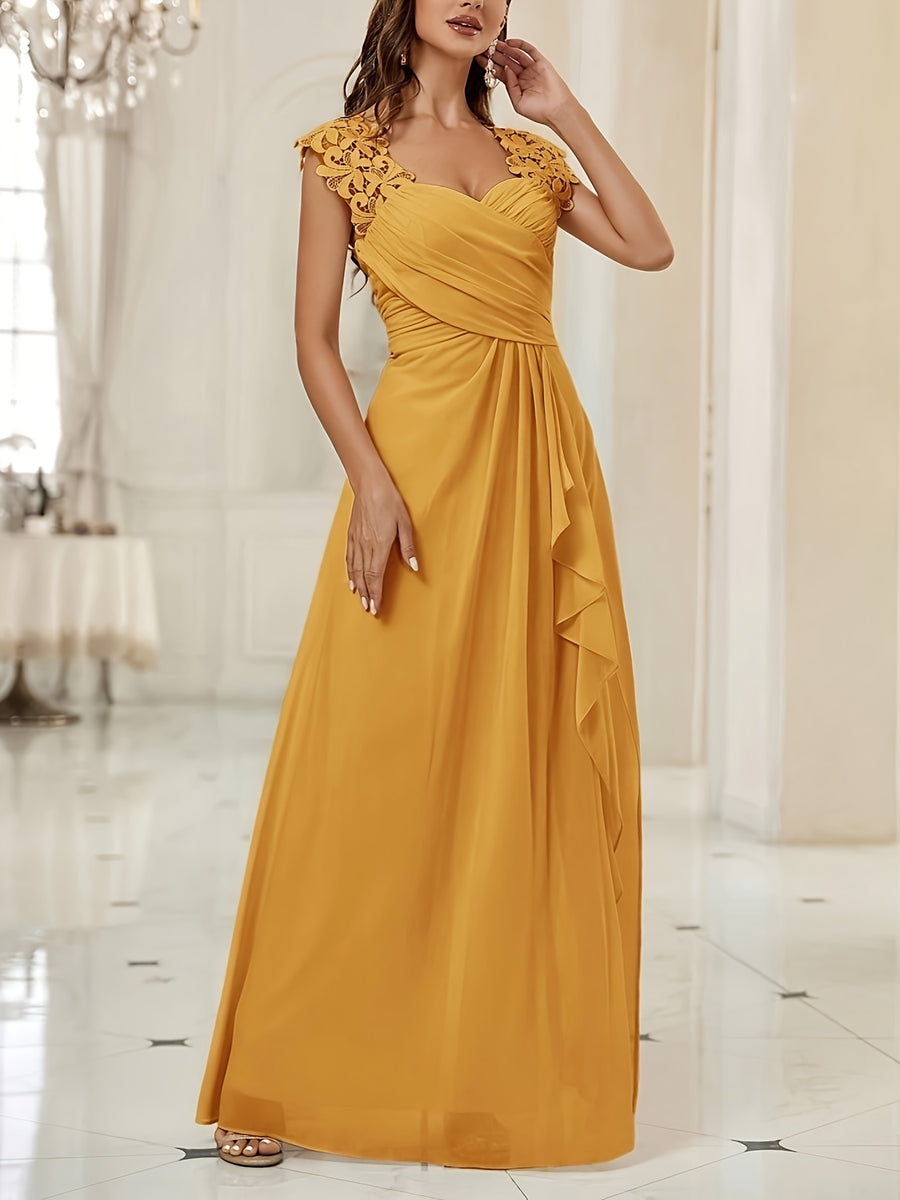 New Style Lace Trim Patchwork Sleeveless Long Dress, Polyester Fiber, 1pc Women's Dress for Wedding Parties, Bridesmaid Dress - ginger-colored