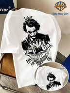 Warner Official Licensed Men'S New Front Back Print Round Neck Short Sleeve T-Shirt, Hand-Drawn Sketch Style Joker JOKER Black And White Sketch HA HA Laughing Element Line Print Design, Breathable Skin-Friendly Soft Fabric - White