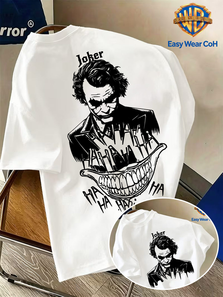 Warner Official Licensed Men'S New Front Back Print Round Neck Short Sleeve T-Shirt, Hand-Drawn Sketch Style Joker JOKER Black And White Sketch HA HA Laughing Element Line Print Design, Breathable Skin-Friendly Soft Fabric - White