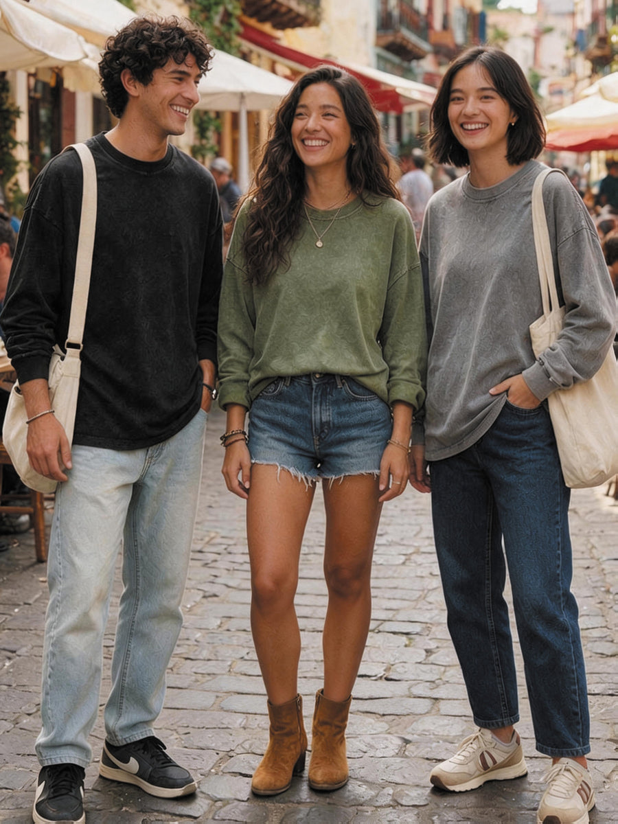American Retro 3pcs Set Washed Distressed Pure Long Sleeve T-Shirt Loose Casual Unisex Round Neck Base Layer Spring Autumn Couple All-Match Multi-Color Long Sleeve Top - Army Green Black Gray