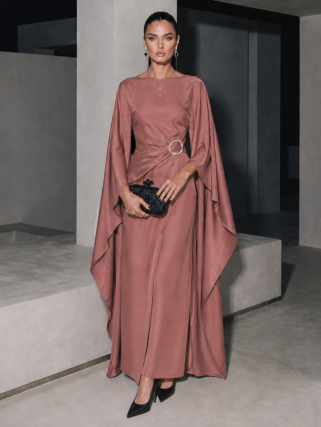Women's Satin Evening Dress, Middle Eastern Style, Cape Design Boat Neck Waist-Hugging Long Dress with Metal Buckle, Elegant Maxi Gown for Banquet & Party - The color of rouge