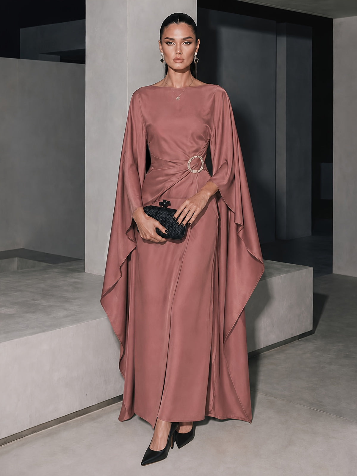 Women's Satin Evening Dress, Middle Eastern Style, Cape Design Boat Neck Waist-Hugging Long Dress with Metal Buckle, Elegant Maxi Gown for Banquet & Party - The color of rouge