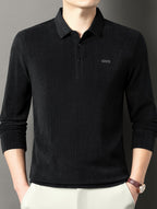 Men's Spring/Autumn Lightweight Knitted Long-Sleeve Polo Shirt with Vertical Stripe Texture, Lapel Collar, Three-Button Placket, Business Casual Versatile Base Layer Top for Middle-Aged Men - Black