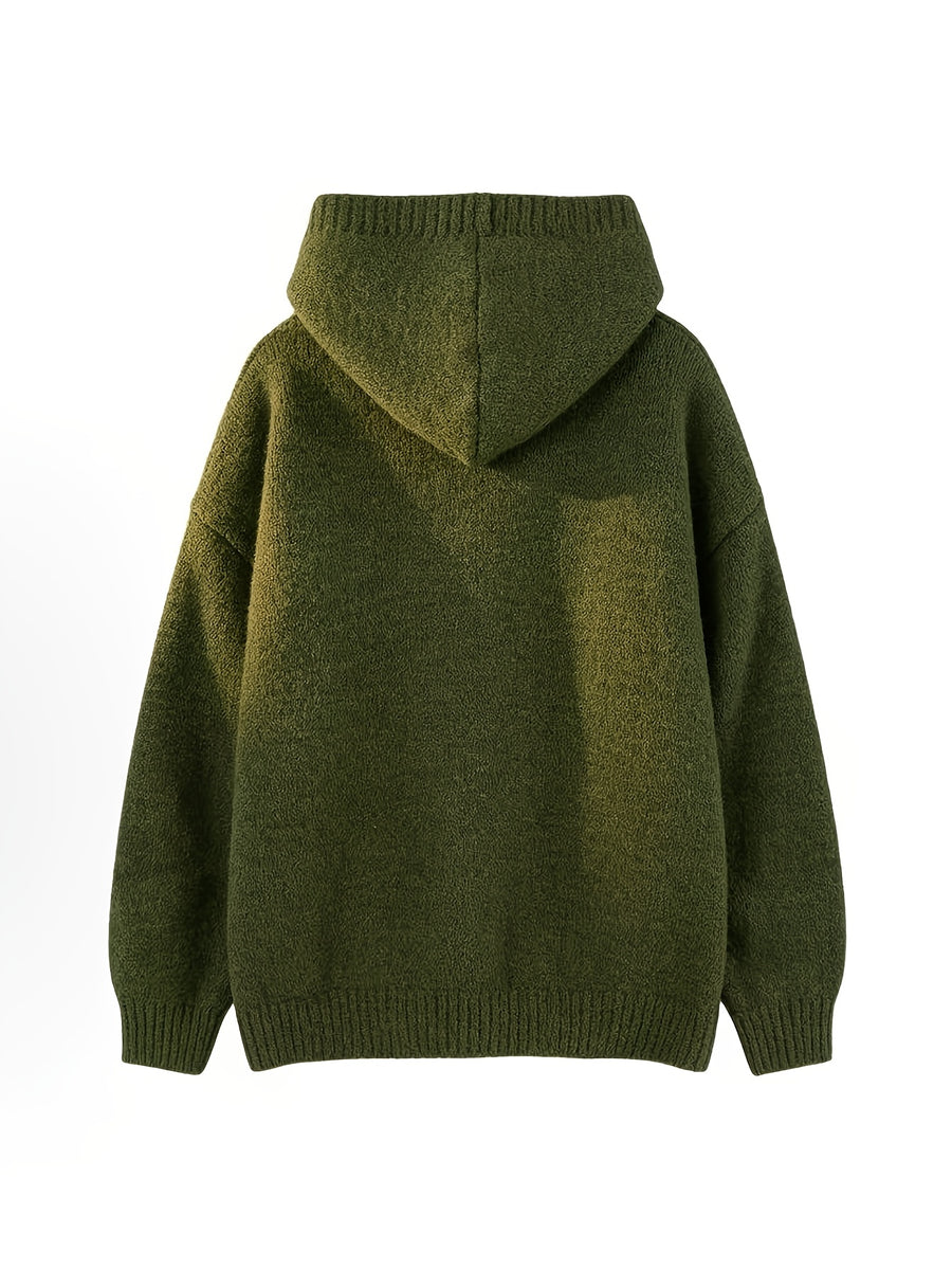 Retro Solid Color Single Button Hooded Cardigan Sweater, Loose Casual Style Versatile Outerwear Knit Top - fern green