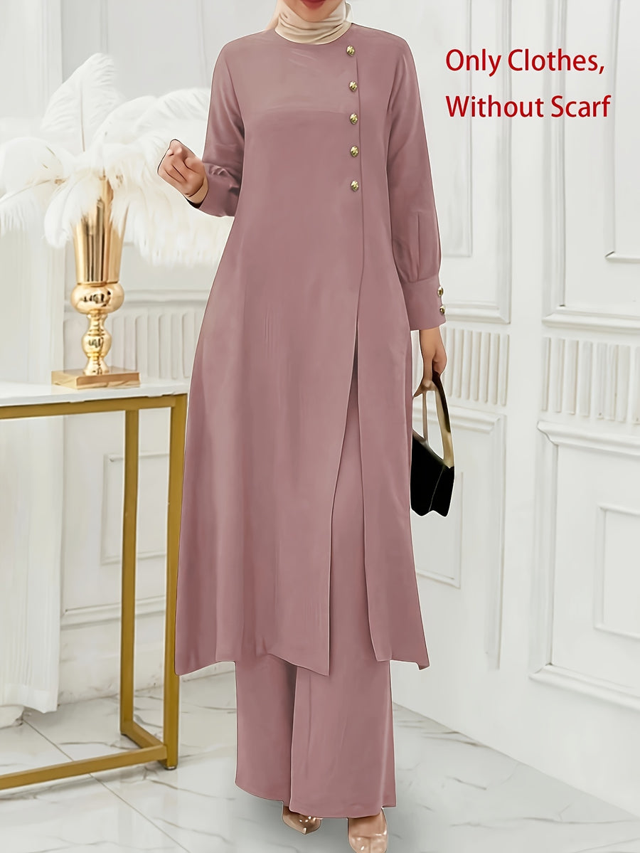 Ramadan, Women's Front-Button Long Sleeve Slit Dress & Pants Casual Arabic Style 2pcs Set, Only Clothes, Without Headscarf - pink