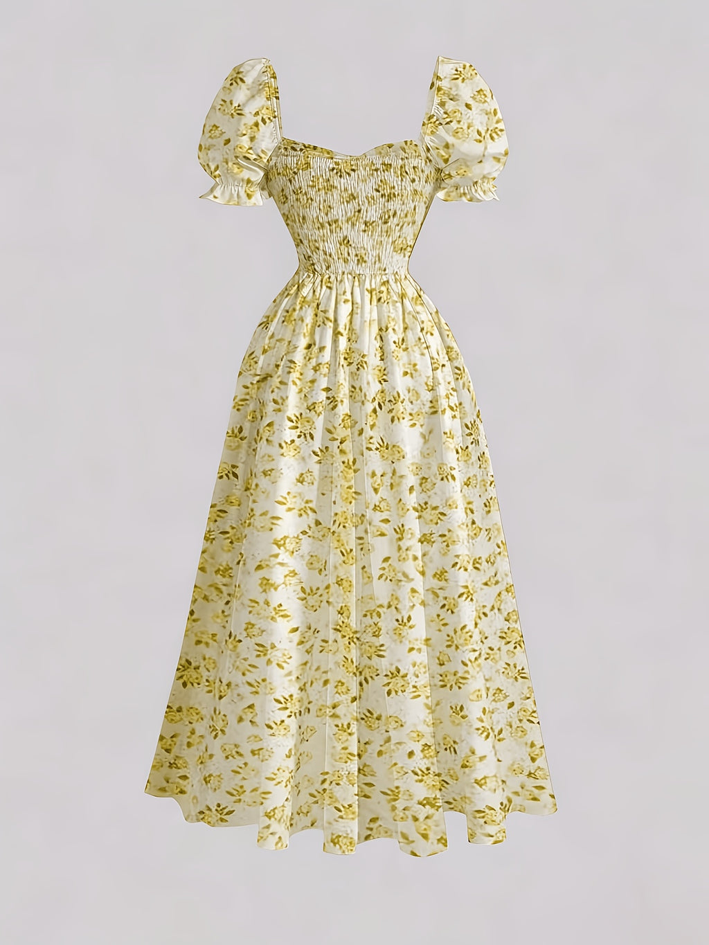 Ladies' New Spring And Summer Elegant Floral Print Long Dress, Bubble Sleeve Design, Front Waist Tie, Back Waist Shirred Waist, Elegant And Flowing, Romantic Long Dress, Suitable for Daily Wear, Party Gatherings, Vacation Holidays - Yellow