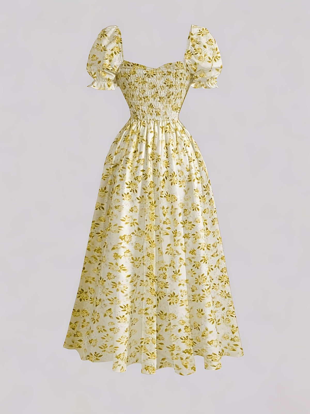 Ladies' New Spring And Summer Elegant Floral Print Long Dress, Bubble Sleeve Design, Front Waist Tie, Back Waist Shirred Waist, Elegant And Flowing, Romantic Long Dress, Suitable for Daily Wear, Party Gatherings, Vacation Holidays - Yellow