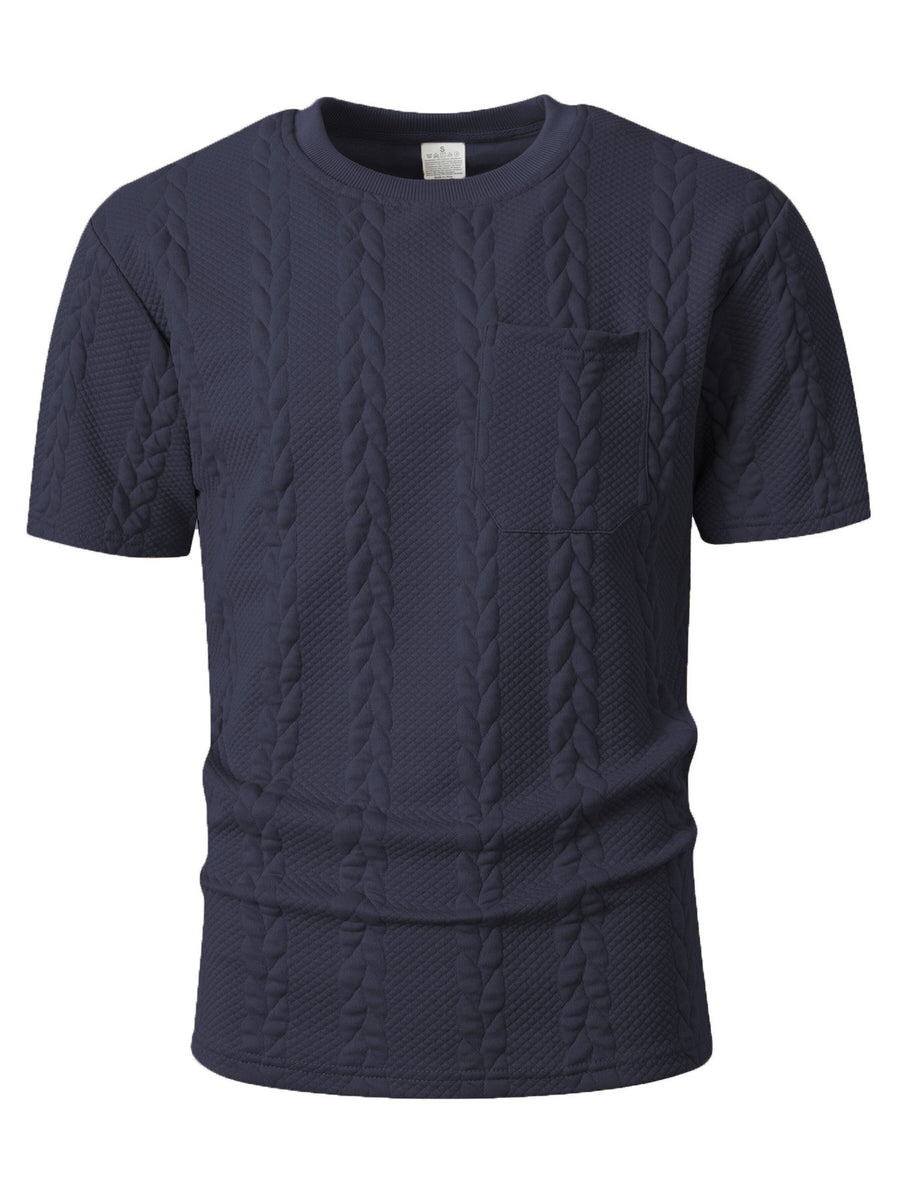 KJ-T037 Men'S Round Neck Jacquard Textured Tactile Pocket Short Sleeve Top T-Shirt Casual Men'S T-Shirt - Navy Color