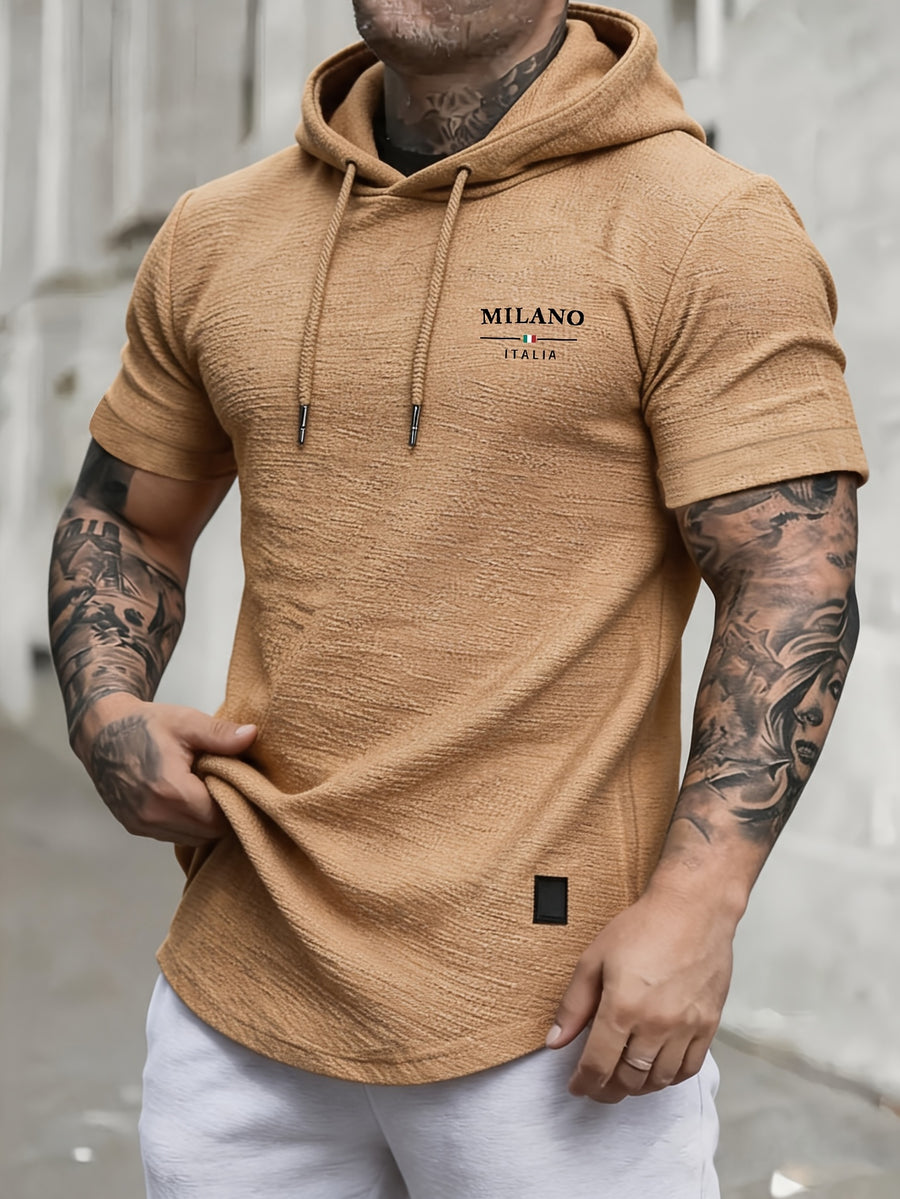 [Pearson OBM] Spring/Summer New Men'S Solid Easy Fashion Hooded Short Sleeve Top, Soft And Comfortable Machine Washable Fabric, Casual Trendy Athletic, Suitable for Running Fitness Outdoor Activities, Multi-Color Available - Milano Khaki