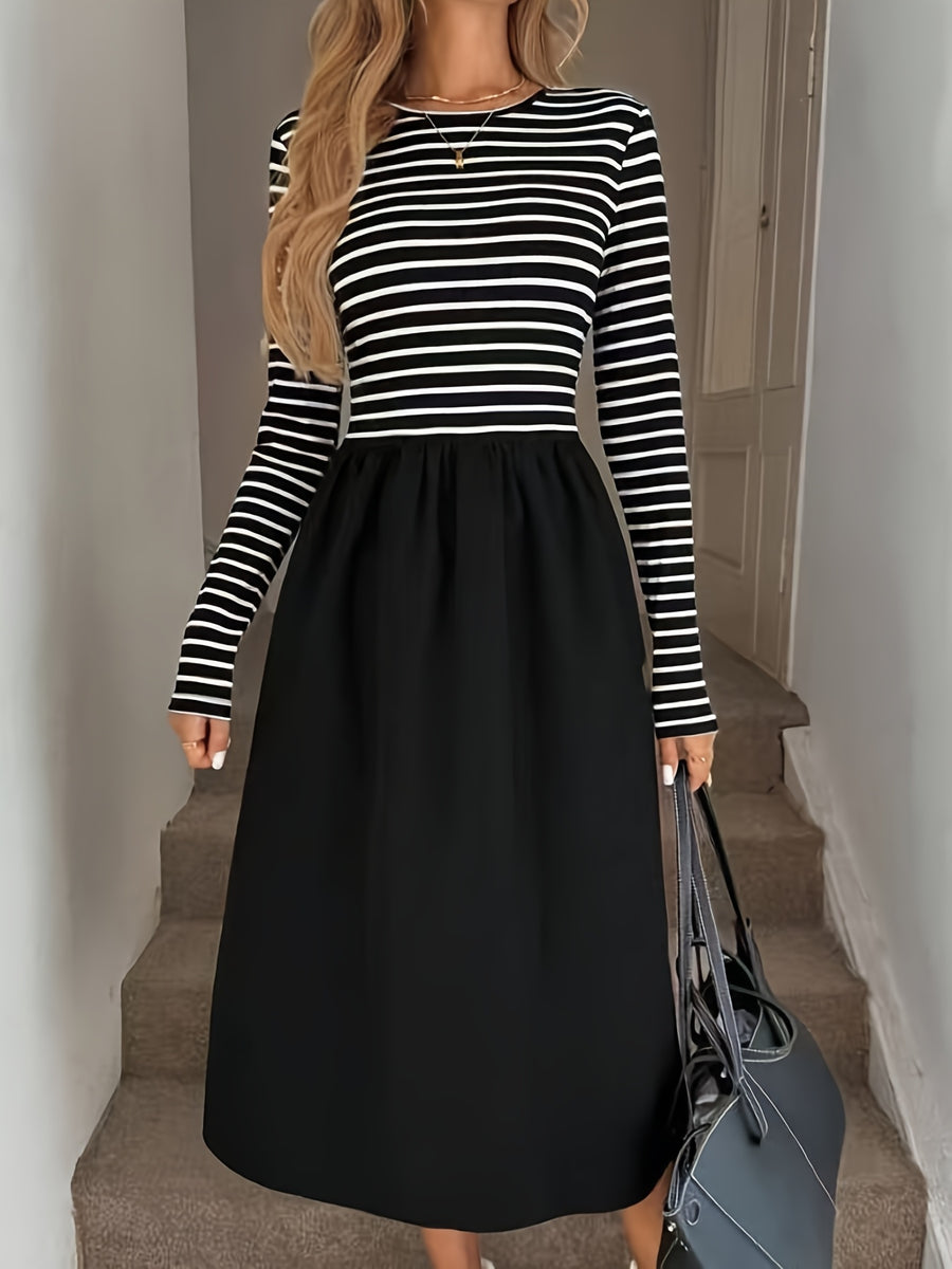 Women's Fitted Striped Skirt - Tailored Long Length with Round Neck & Black/White Stripes | Machine Washable Suitable for Commuting,, | - Blouse-Compatible for Females (No Transparency) - Black