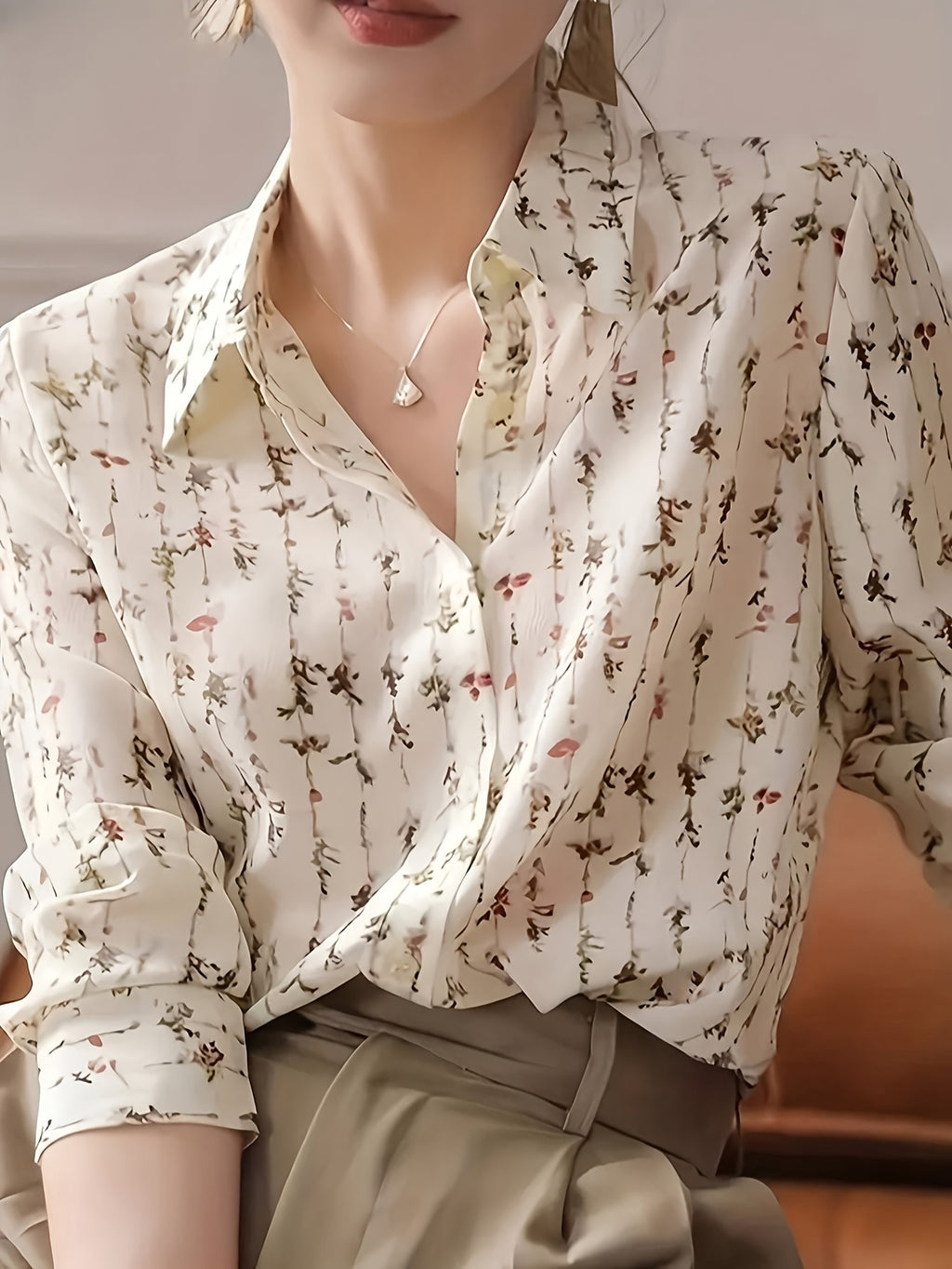 Women'S Shirts And Blouses Elegant Shirt Button Print Long Sleeve Fashion Shirt - White