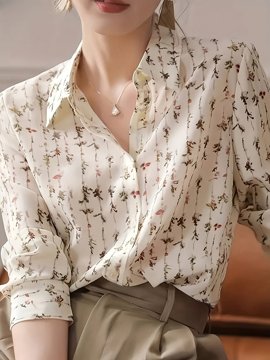 Women'S Shirts And Blouses Elegant Shirt Button Print Long Sleeve Fashion Shirt - White