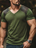 [Printed Design - Not Textured] 2026 New Men's Pattern Print V-Neck T-Shirt, Fun T-Shirt, Men's Casual Short-Sleeve T-Shirt, Vintage Style, Brown Tone - Olive Green