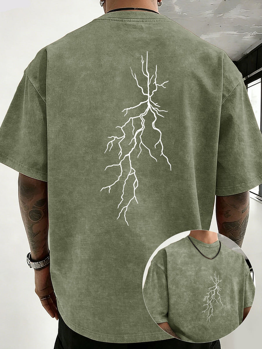 Men 100% Washed Distressed Crew Neck Short-Sleeve T-Shirt, Sketch Lightning Graphic Position Double-Sided Print, Trendy Loose Casual Tee Tops, 12 Colors Available - Olive Green