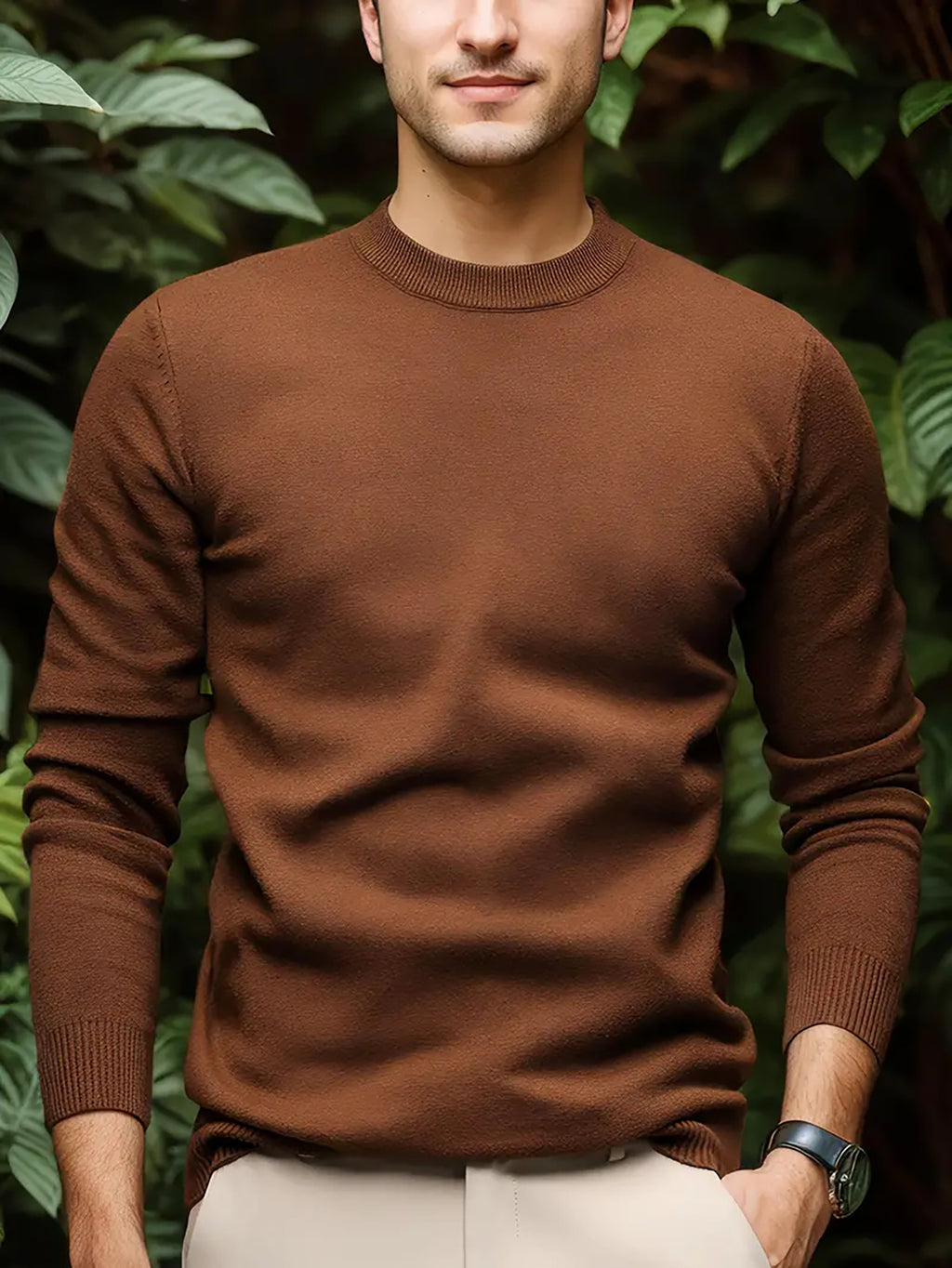 3pcs Men'S Round Neck Sweater Autumn Winter Knitwear Multi-Pc Solid Color Pullover Base Layer Sweater - Coffee+Army Blue+Sky Blue