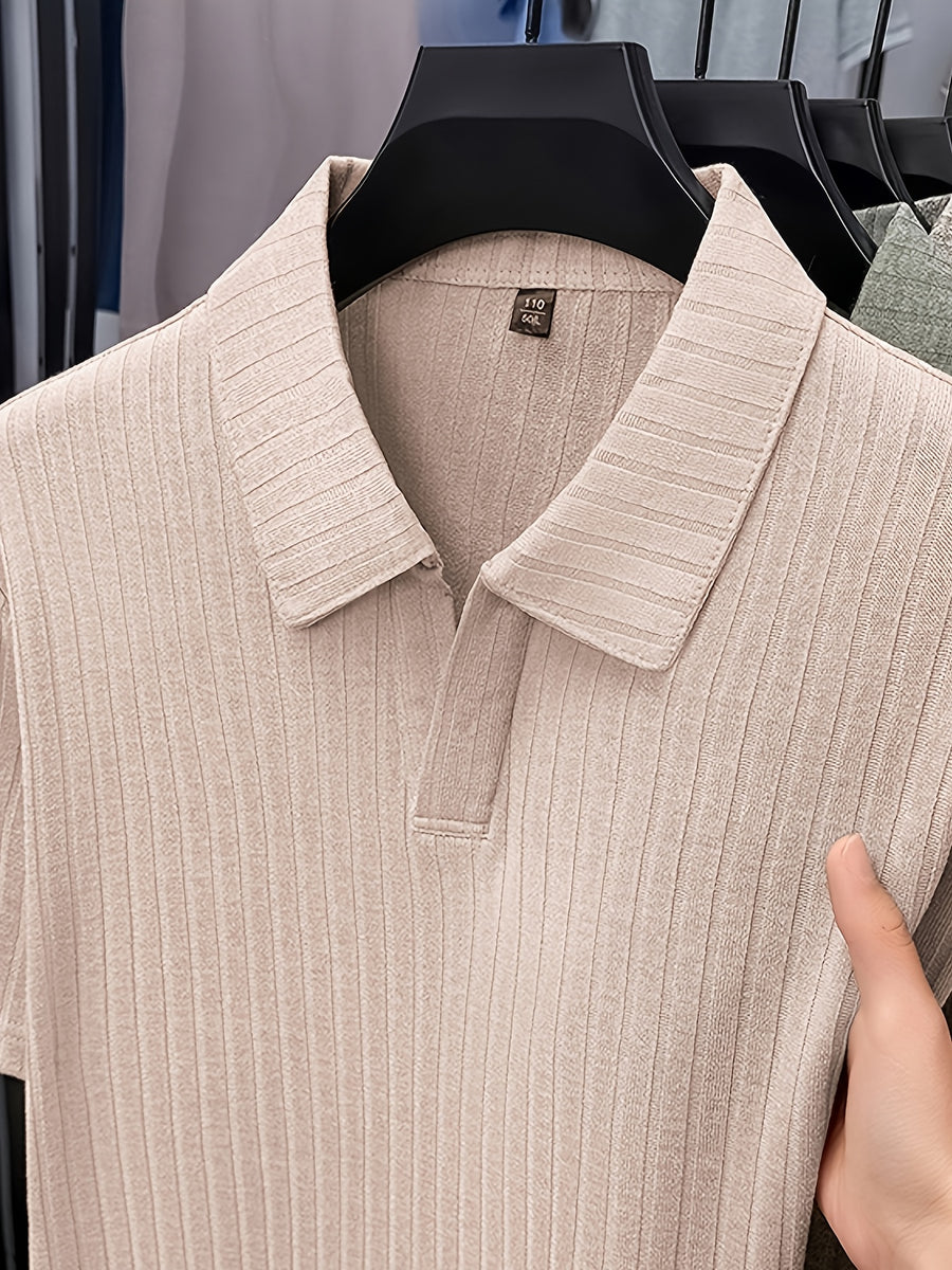 Old Money Aesthetic Vertical Ribbed Polo Sweater, Solid Color No-Button V-Neck Design, Commute Business/Casual Gathering Multi-Scene Short Sleeve Top, Light Athletic Non-Pick Body Men'S Top, Knit - Khaki