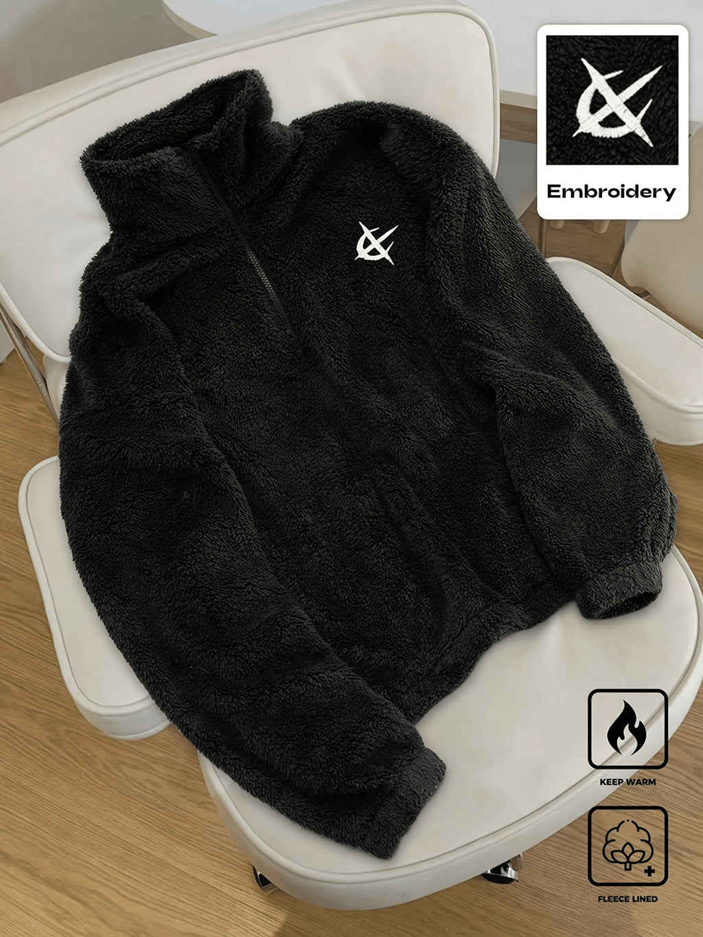 1pc Men's Quarter Zip Pullover Sweatshirt, Dark Grey, Autumn, Streetwear, Embroidered Design, Casual Sports & Commute Winter Clothes for Men - Black