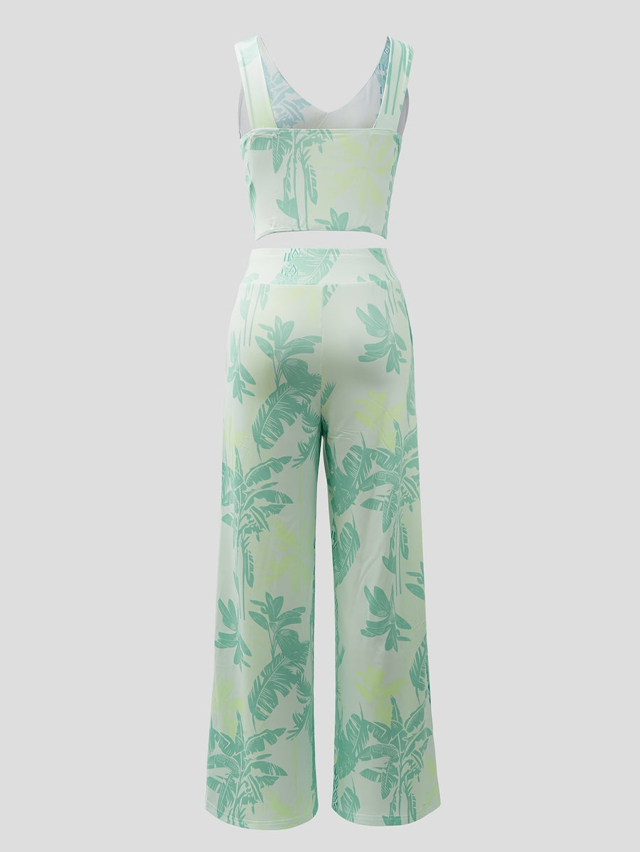 Women's European and American contrasting palm tree print sleeveless tops and trousers - Green