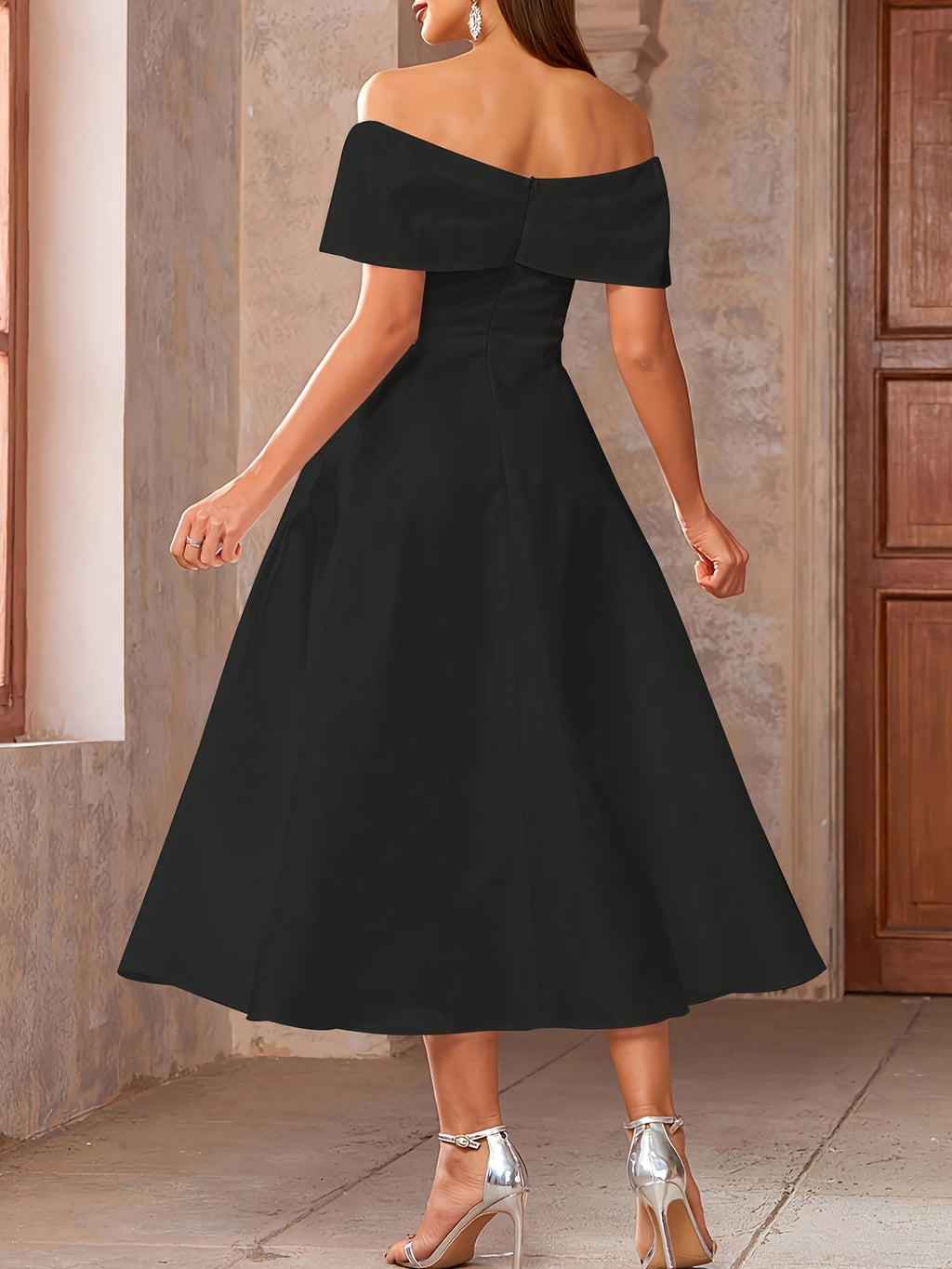 White Off-The-Shoulder Ruffle Midi Dress Women'S Waist-Cinching Large Swing Temperament Elegant Banquet Dress Ladies Dress - Black
