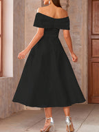 White Off-The-Shoulder Ruffle Midi Dress Women'S Waist-Cinching Large Swing Temperament Elegant Banquet Dress Ladies Dress - Black