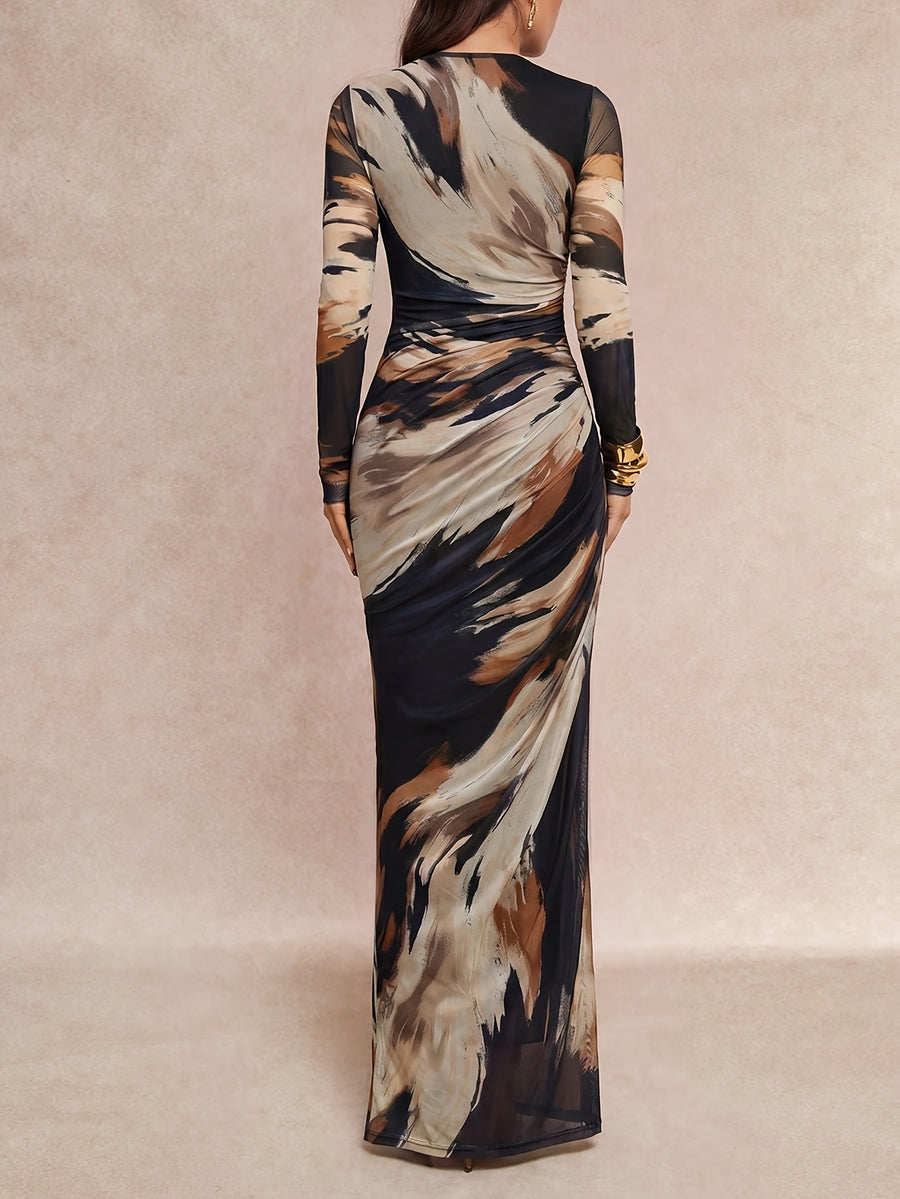 Elegant Special Women'S Mesh Gradient Ombre Printed Round Neck Long Sleeve Ruched Waist Long Dress, Spring Autumn Elegant Dress Suitable for Evening Parties, Dates, Birthday Gatherings, Red Carpet Styling, Mature Atmosphere Long Skirt [ZLLZ] - Mixed colors