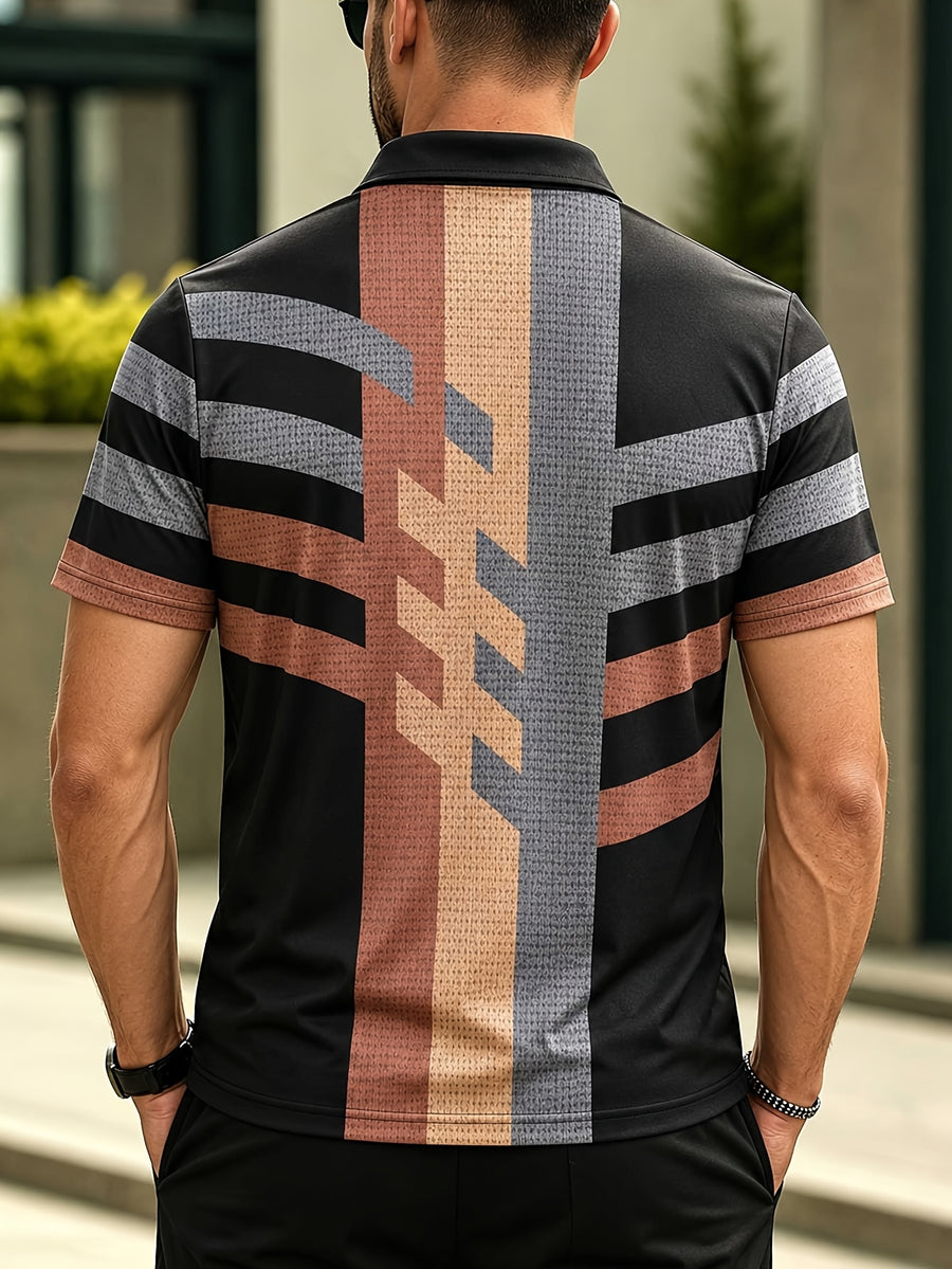 Men'S Retro Color-Block Striped Half-Zip Polo Shirt, Light Luxury Business Casual Short Sleeve Top, Wrinkle-Resistant Breathable Quick-Dry Multi-Scene Wear, Spring Summer Daily Commute, City Outing, Golf Outdoor Sports, Short Trip Vacation - Mixed colors