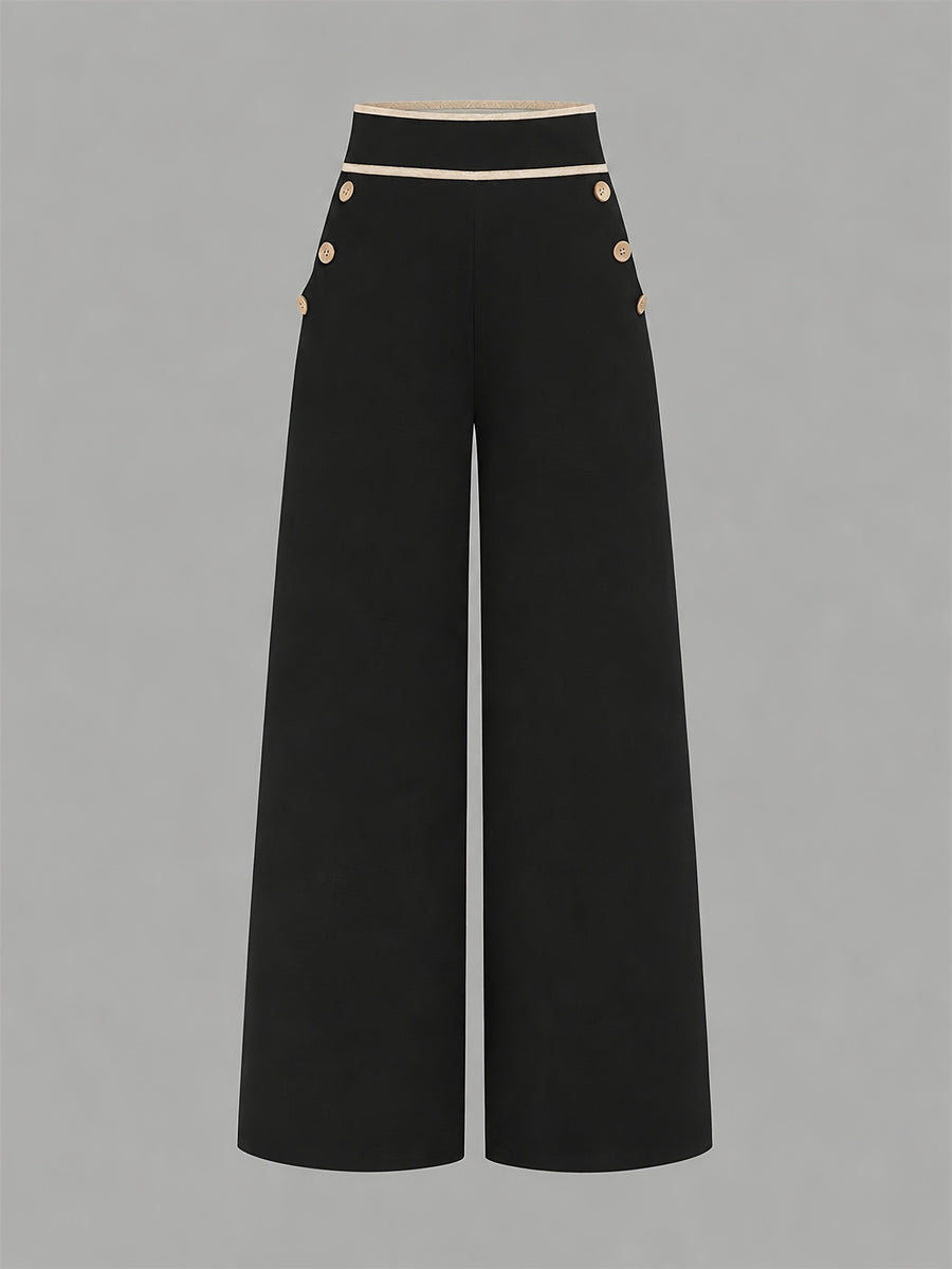 Women'S New Casual Fashion Elegant High-Waist Pocket Loose Comfortable Wide-Leg Straight-Leg Pants - Black