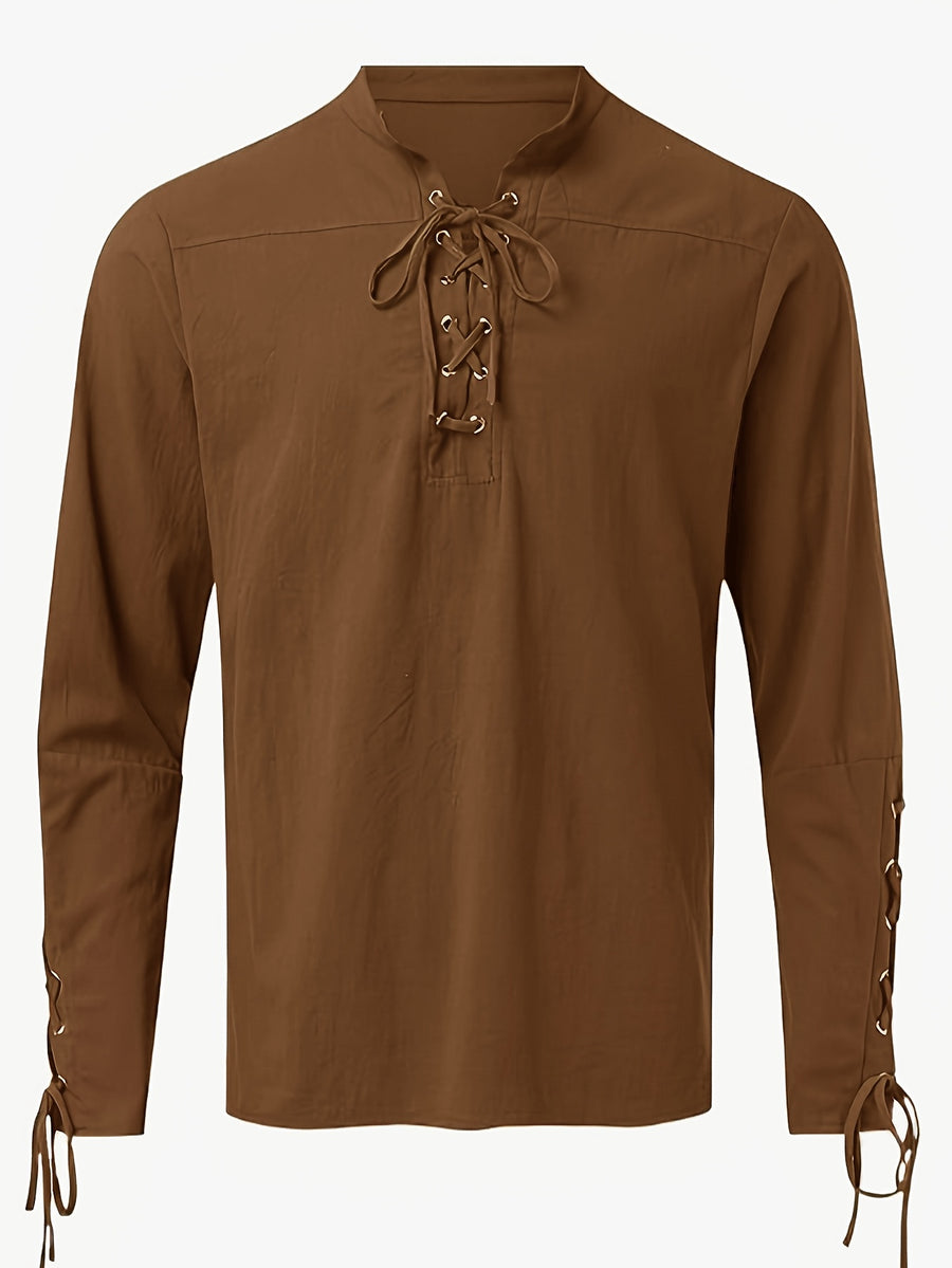 New Medieval Men'S Pirate Shirt Retro V-Neck Lavender Punk Gothic Blouse Viking Tie-Up Top - Dark Brown