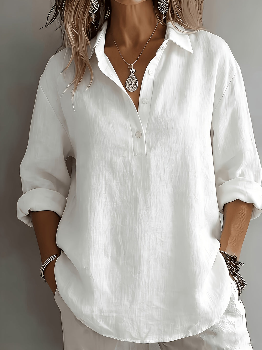 Solid Color French Loose Semi-Open Collar Shirt Women'S Lazy Style Long Sleeve Casual Blouse Office Top - White