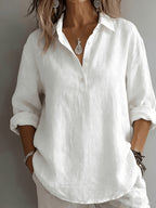 Solid Color French Loose Semi-Open Collar Shirt Women'S Lazy Style Long Sleeve Casual Blouse Office Top - White