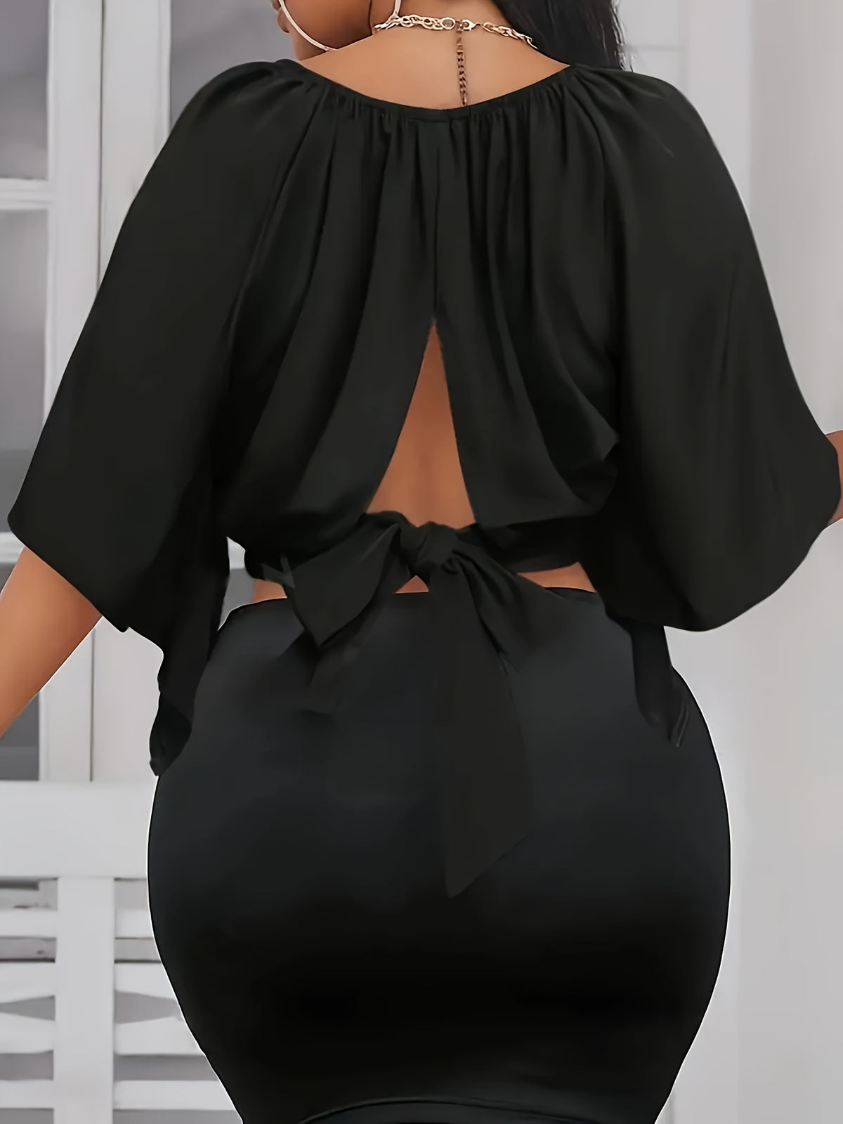 Tie Back Ruched Blouse, Elegant Solid Color Blouse For Spring & Summer, Women's Clothing - Black