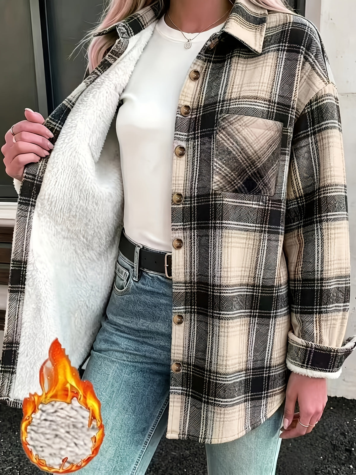 Elegant Plaid Print Drop-Shoulder Patch Pocket Button-Front Shirt Jacket, Thickened -Lined Shirt Jacket, Warm, Suitable for Daily Casual Wear and Parties - Black Plaid