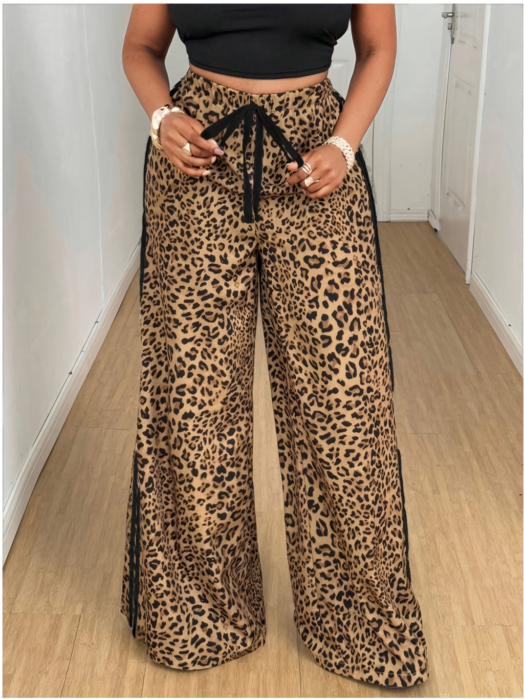 Machine-washable Women's Leopard Print and Striped Print Wide-leg Pants for Spring and Autumn, Fashionable and Sexy Straight-leg Loose-fitting Trousers - Mixed colors