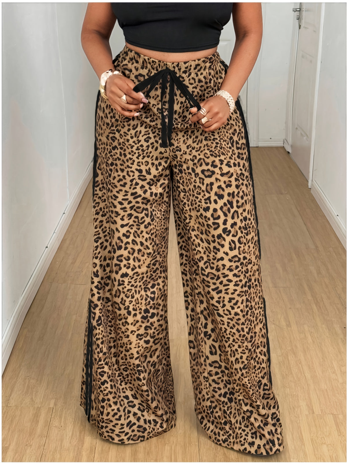 Machine-washable Women's Leopard Print and Striped Print Wide-leg Pants for Spring and Autumn, Fashionable and Sexy Straight-leg Loose-fitting Trousers - Mixed colors