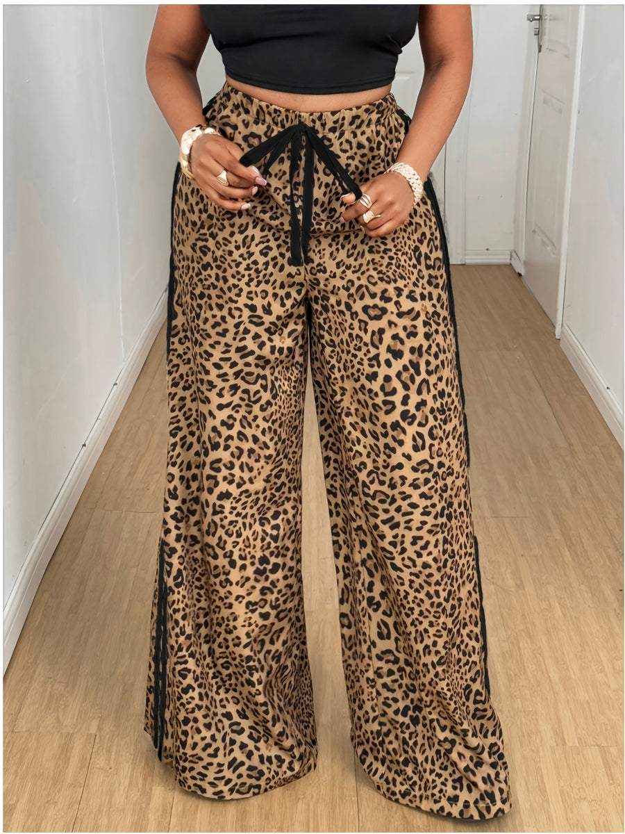 Machine-washable Women's Leopard Print and Striped Print Wide-leg Pants for Spring and Autumn, Fashionable and Sexy Straight-leg Loose-fitting Trousers - Mixed colors