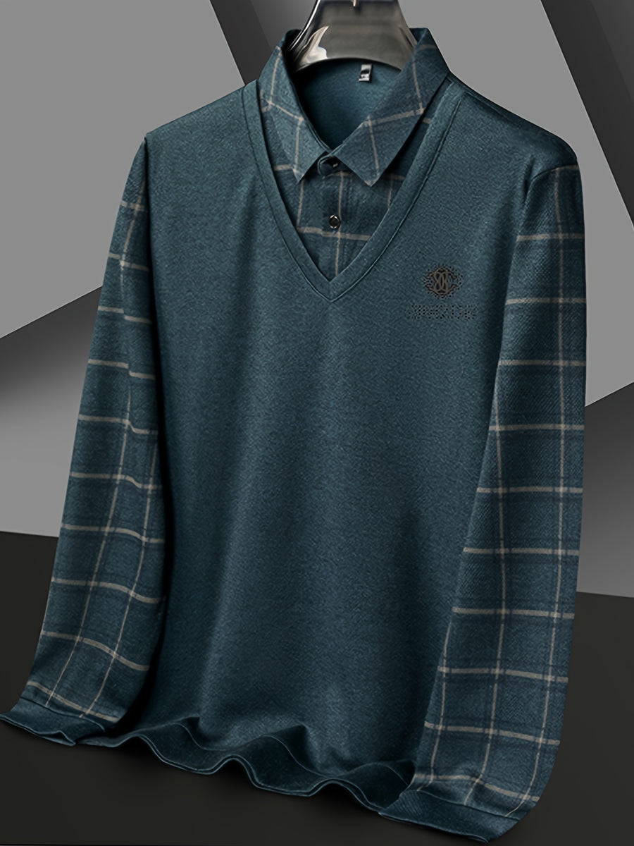 Striped Long-Sleeve Men'S Faux Two-Piece Top, Thin Autumn Winter Base Layer T-Shirt - Dark Green
